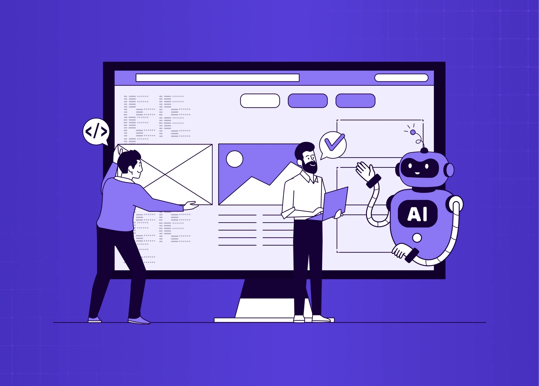 Illustration of designers collaborating with an AI assistant in front of a large interface dashboard and wireframe screen.