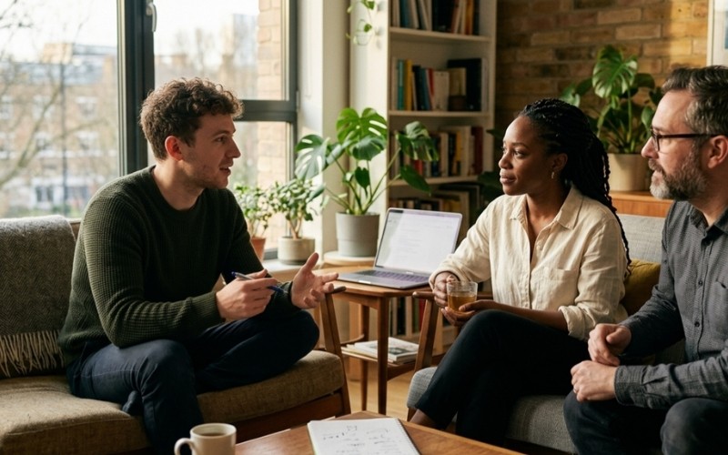 Small group conversation focused on communication and analytical thinking