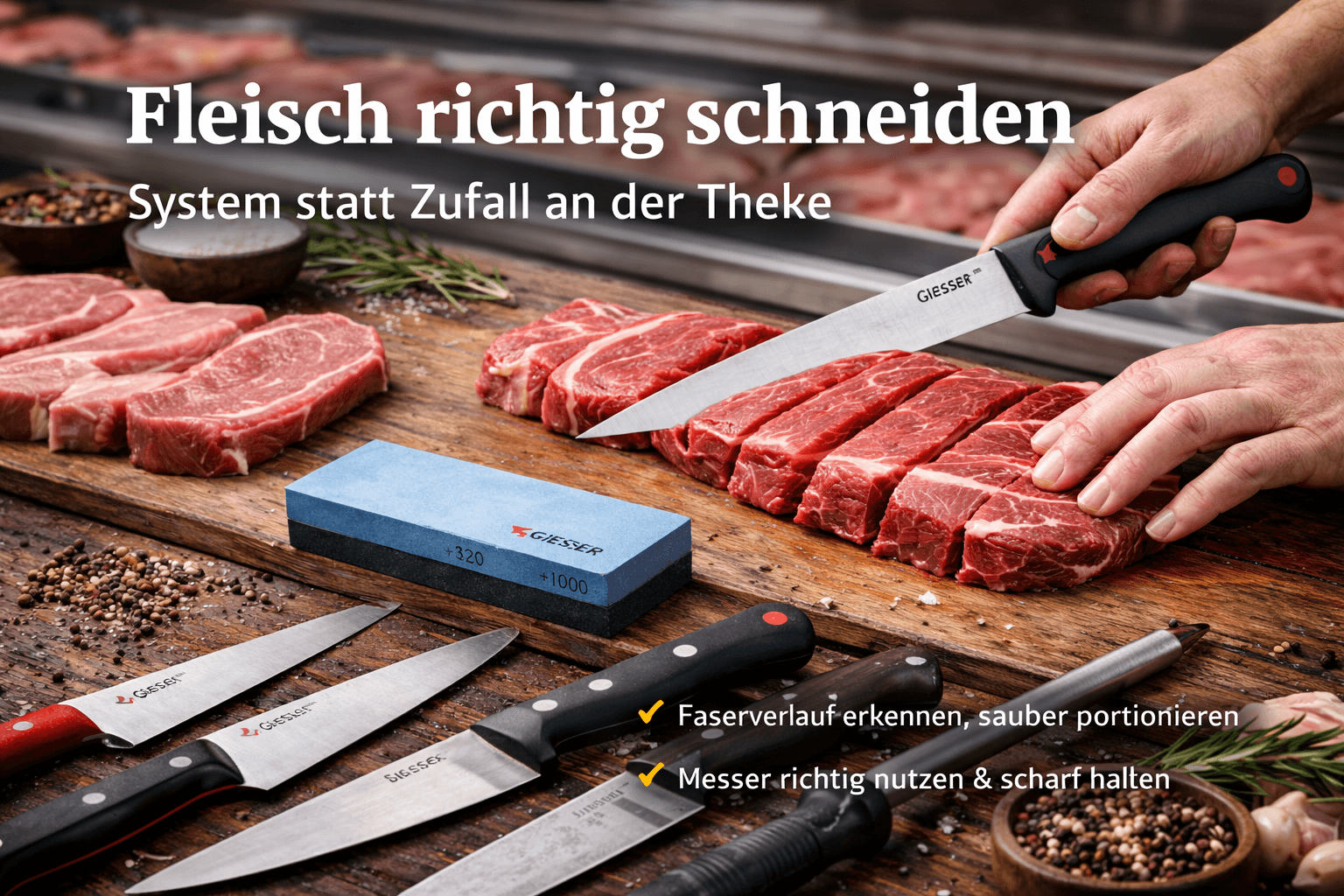 Portioniermesser, Schleifstein und Fleischzuschnitte als Motiv für Fleisch richtig schneiden