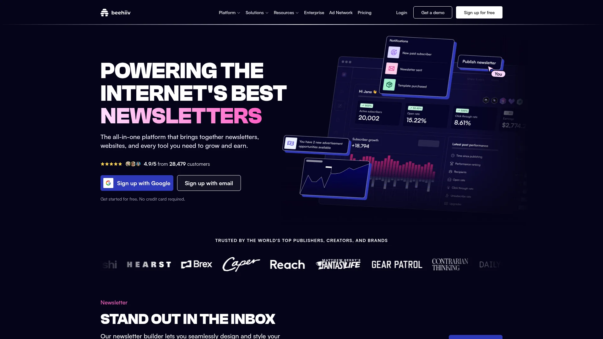 Beehiiv homepage showing newsletter platform with subscriber analytics dashboard