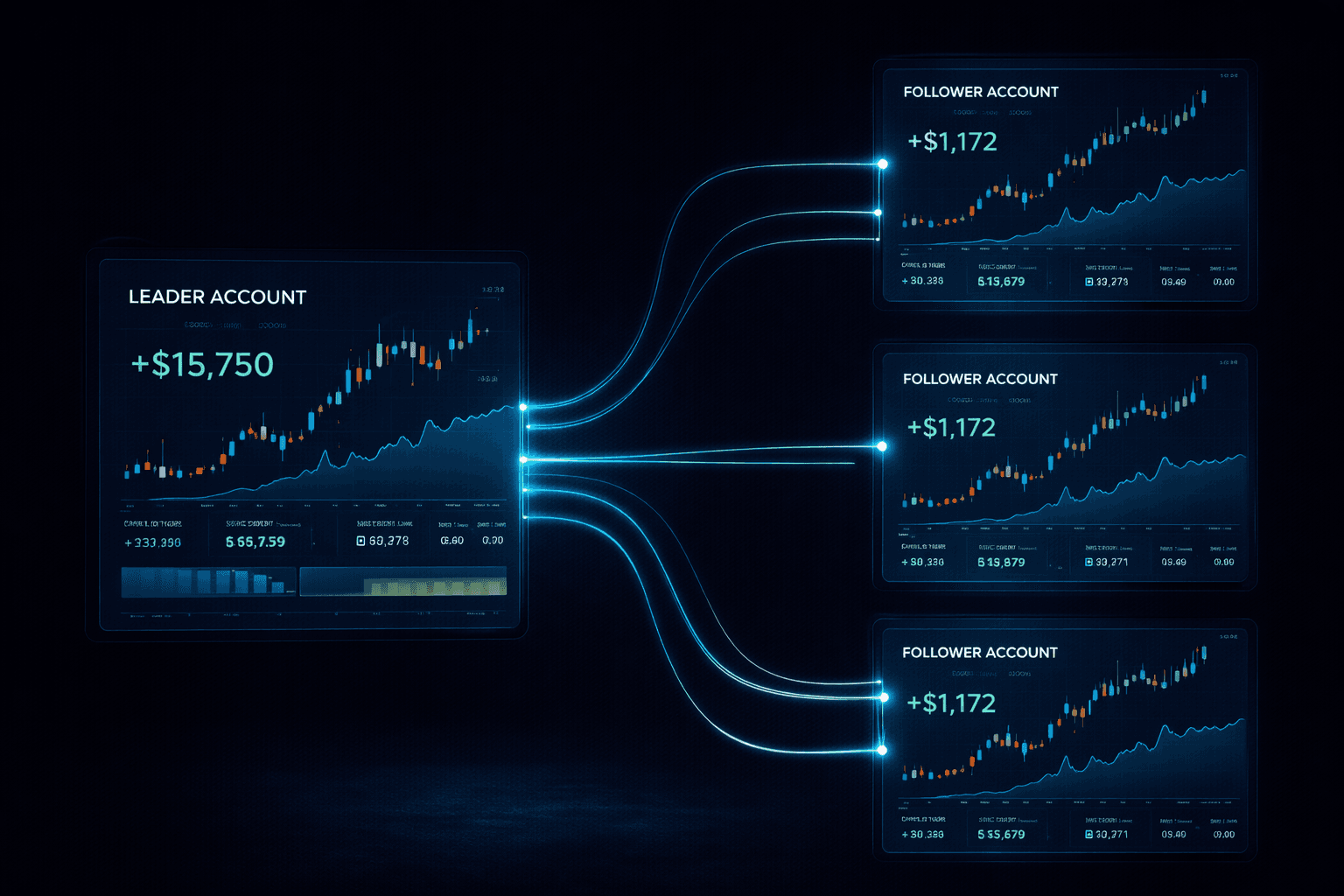 Copy trading lets you mirror one leader account across multiple funded accounts automatically