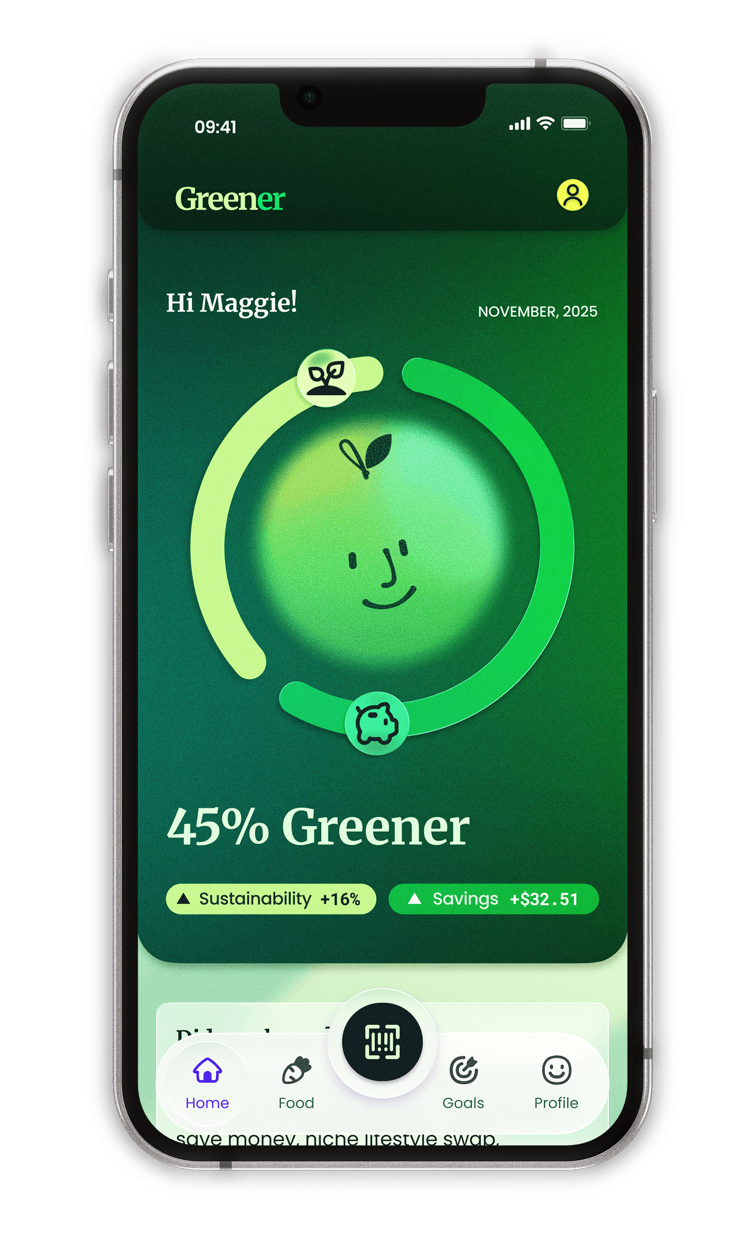 Greener app dashboard: 45% Greener, +16% Sustainability, +$32.51 Savings.