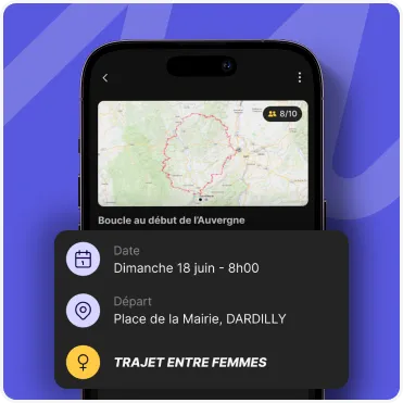 Détail d’une balade moto dans l’application On Wheels avec date, lieu de départ et indication trajet entre femmes