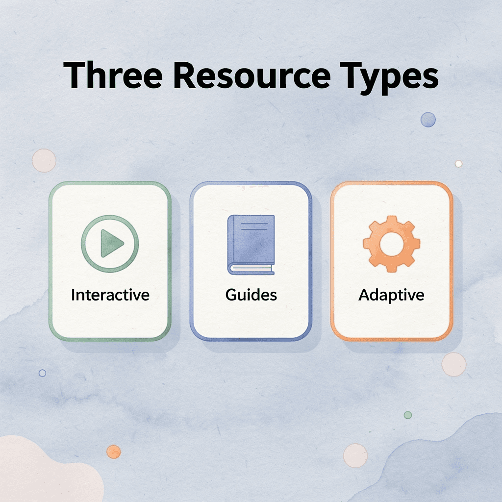 Three cards showing different homeschool resource types