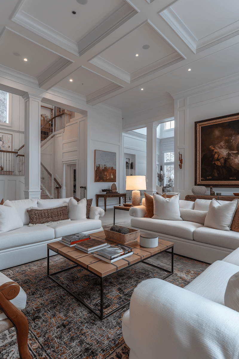Elegant living room with white sofas, brown cushions, and a wooden coffee table adorned with books. A warm lamp and large artwork enhance the cozy ambiance.