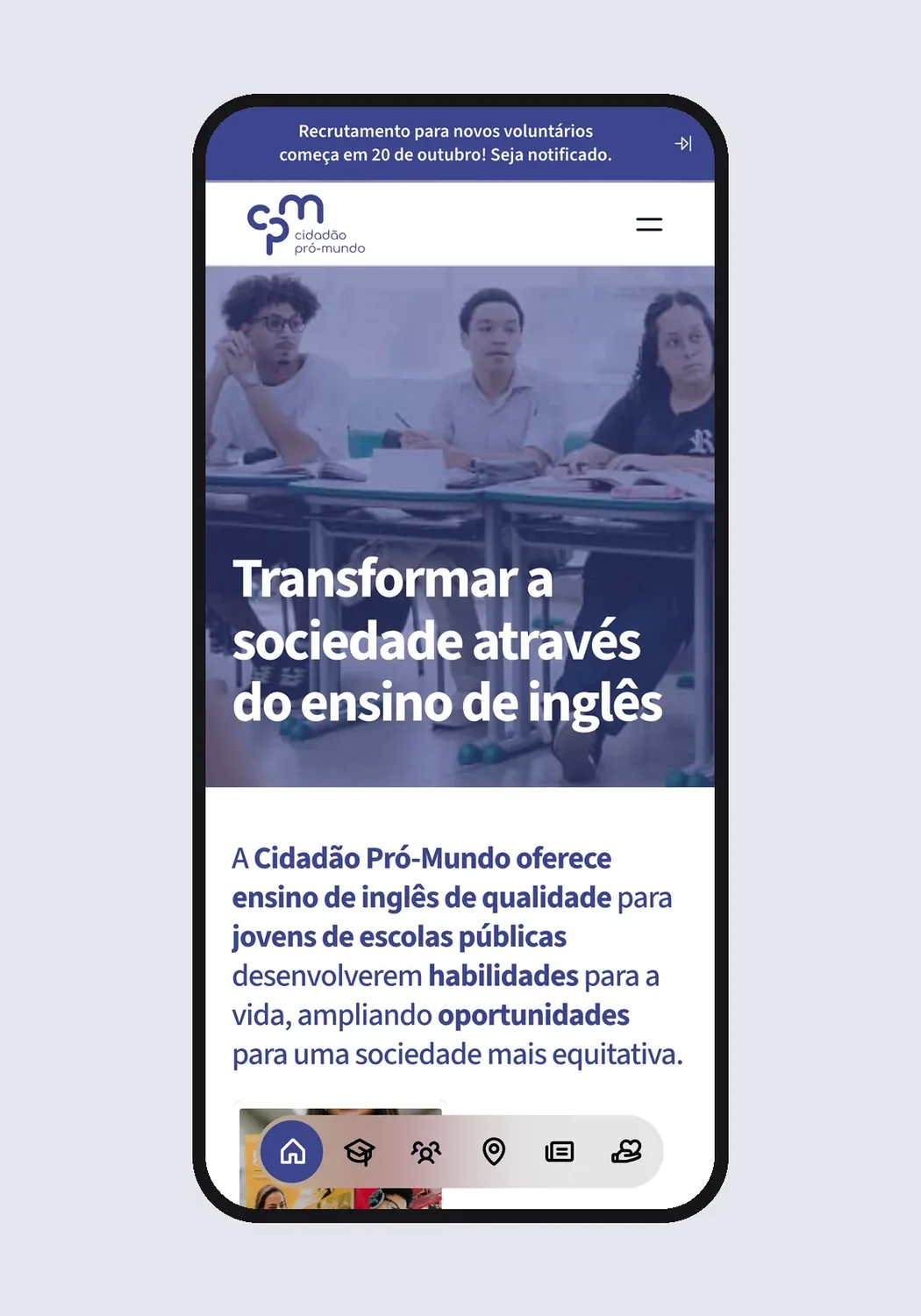 Página do site do Cidadão Pró-Mundo no celular