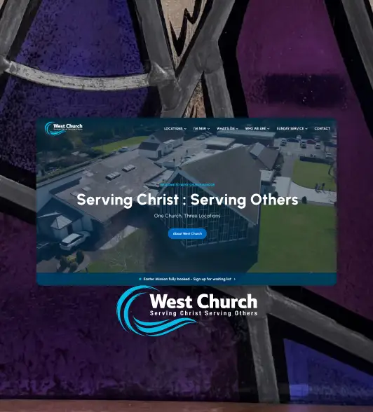 West Church website homepage showing building and mission statement