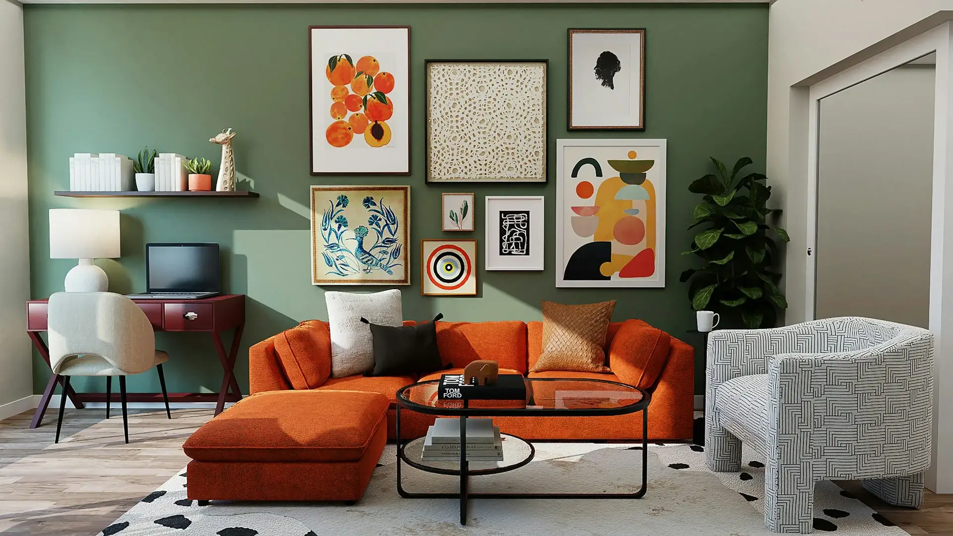 Contemporary living room with orange sofa, gallery wall, desk, and greenery.