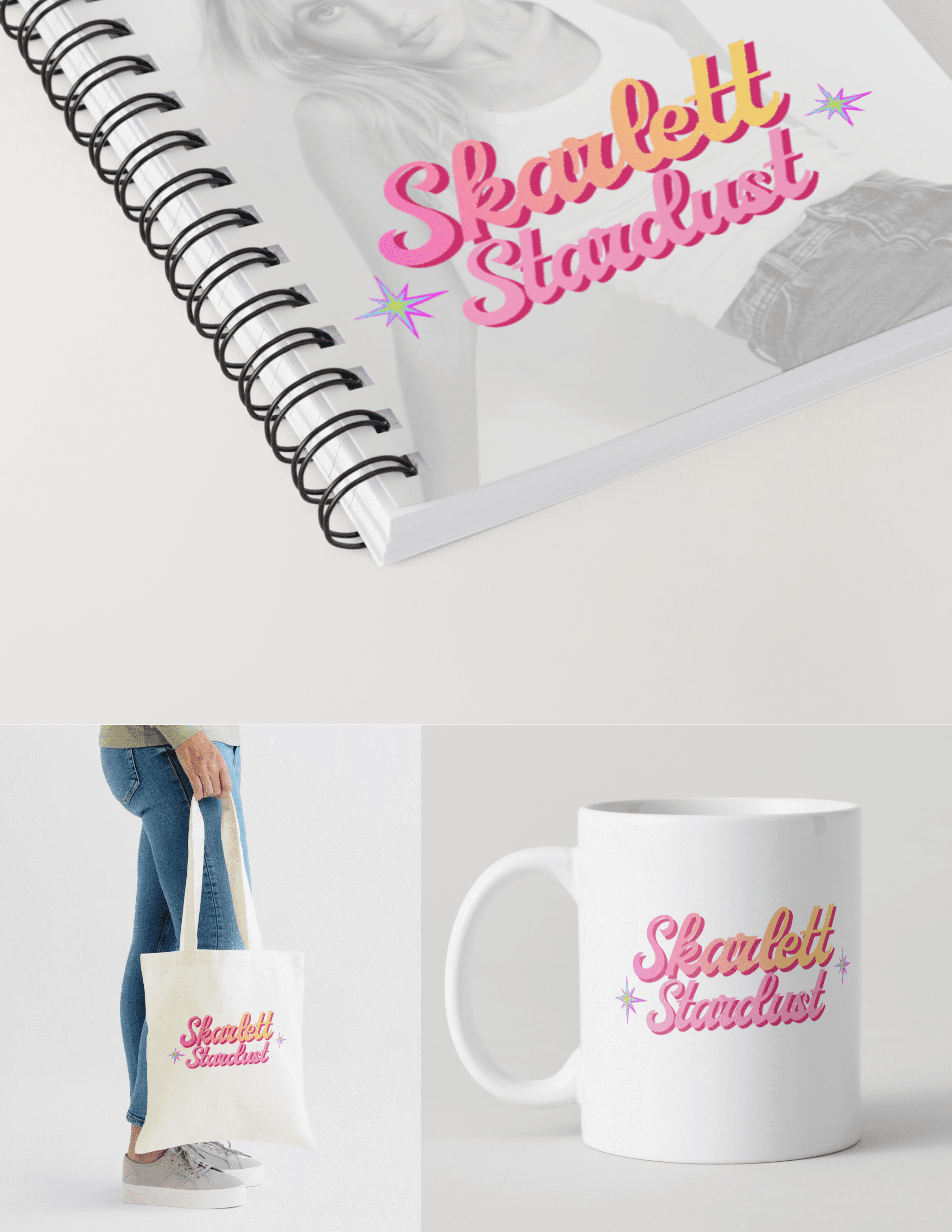 Product design for Skarlett Stardust featuring artist branding for journals, notebooks, cups, and tote bags.