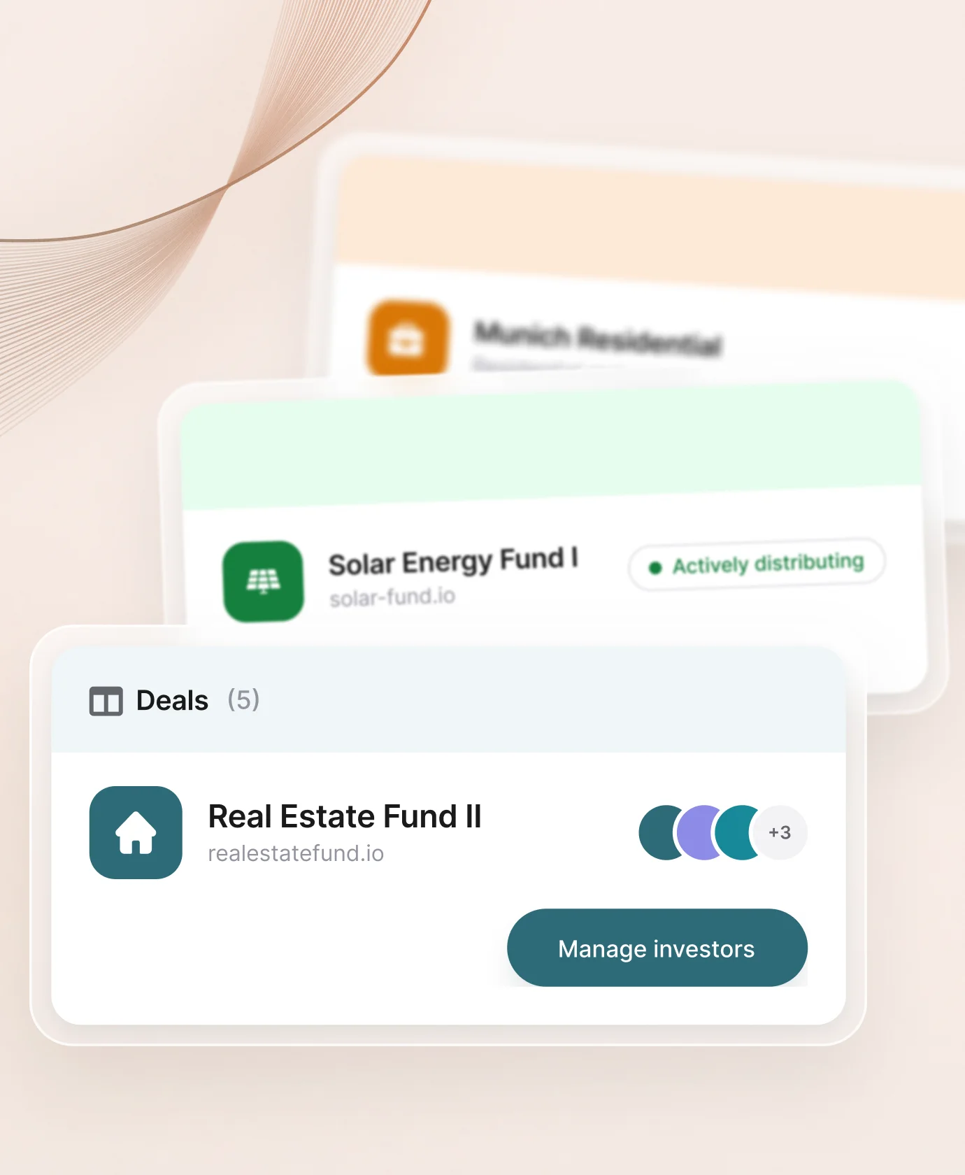 Deal cards for tokenized real estate and solar funds, each with a branded investor portal and investor management