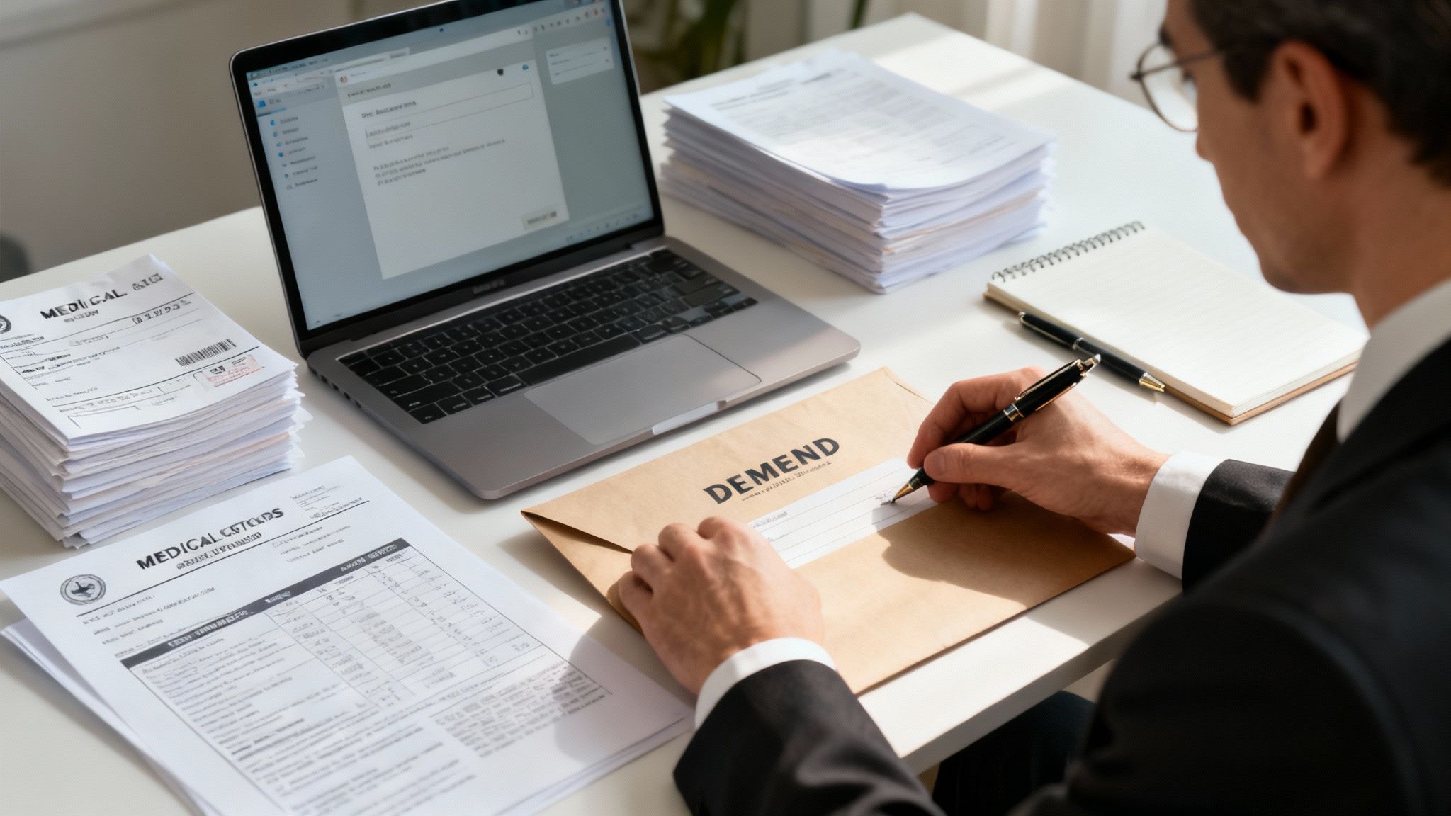 A person in a suit jacket writes on a 'DEMEND' envelope at a desk with a laptop and medical documents.