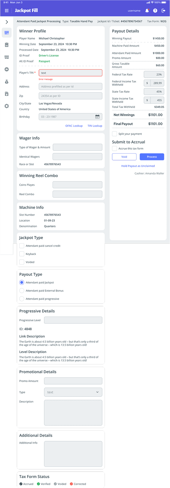 After: the redesigned JackpotFill mobile interface — a clean, dark-themed UI with card-based task flows, clear step-by-step progression, accessible contrast ratios, and a focused single-task-per-screen layout