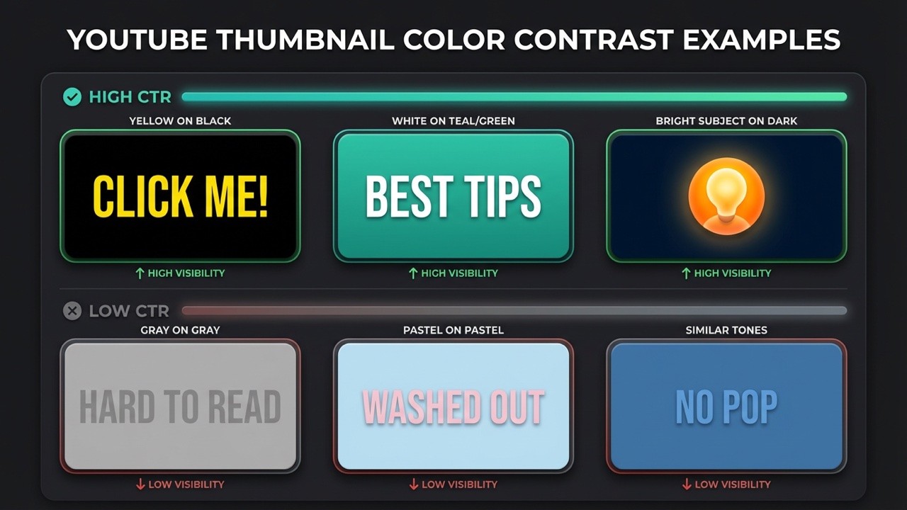 YouTube thumbnail color contrast examples showing high and low contrast pairs