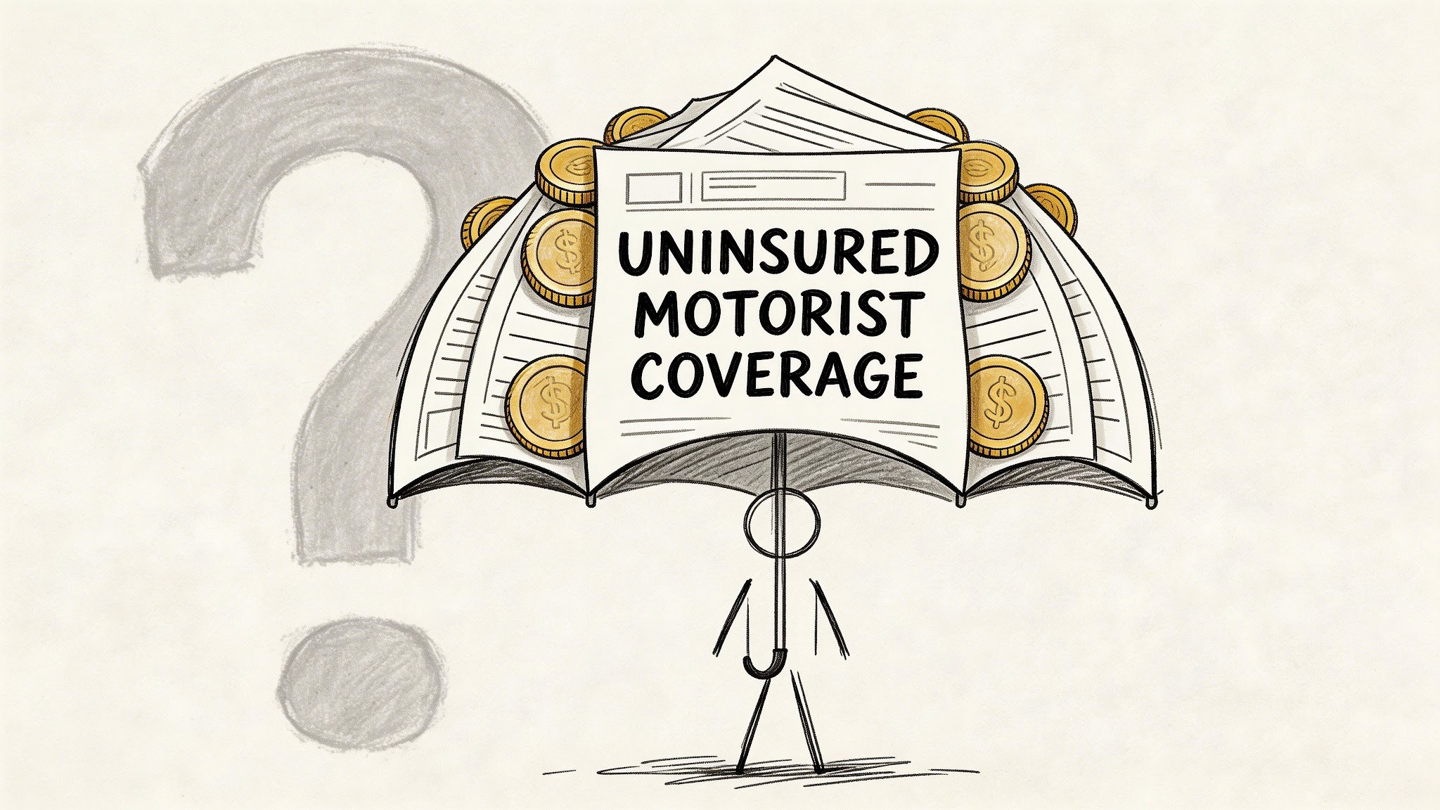 A stick figure holding an umbrella made of financial documents and coins representing uninsured motorist coverage.