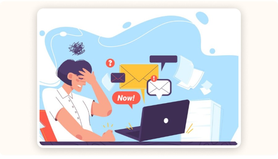 Illustration of a stressed person overwhelmed by multiple emails and notifications on a laptop