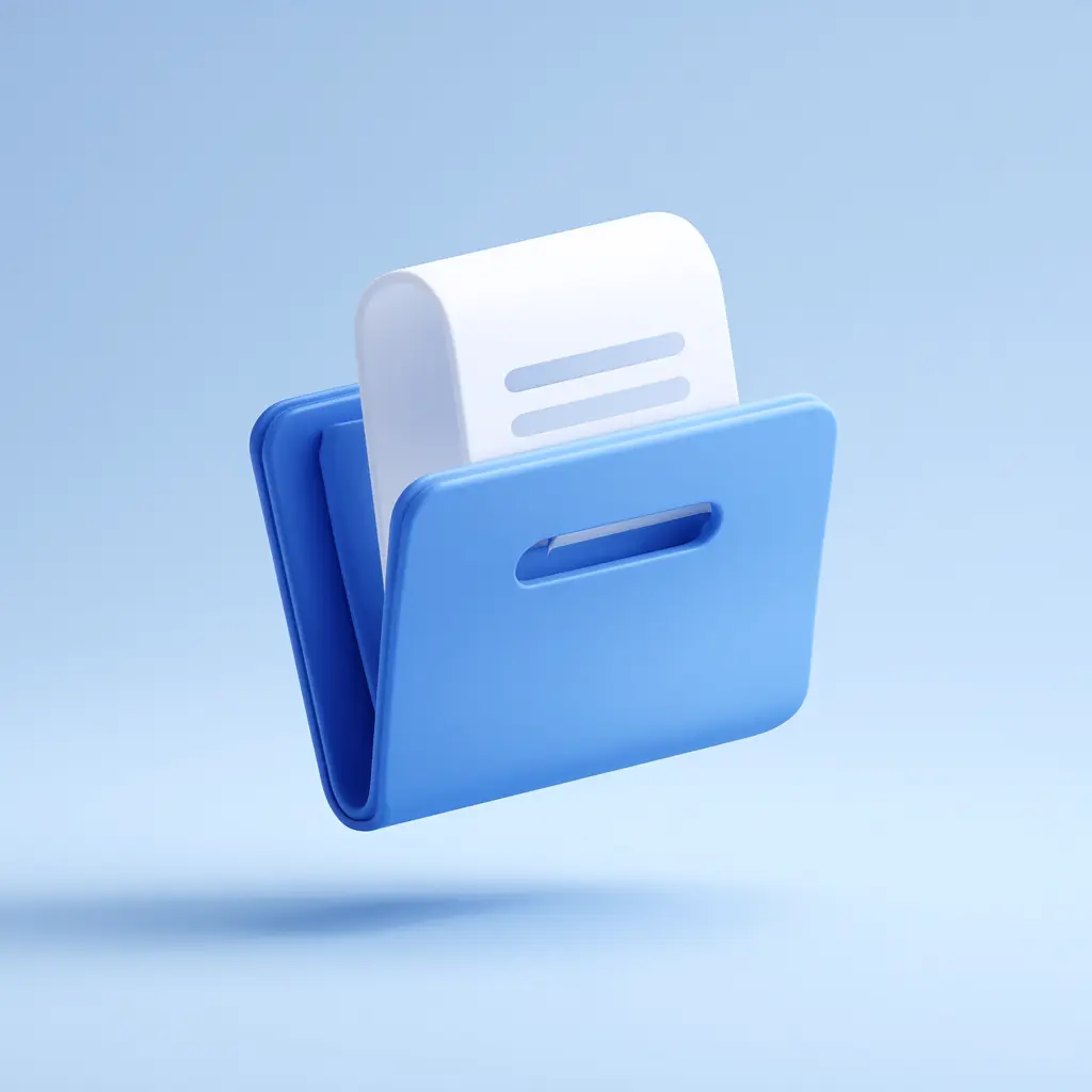 3D illustration of a blue file folder containing a white document with minimal lines, representing organized legal content storage.