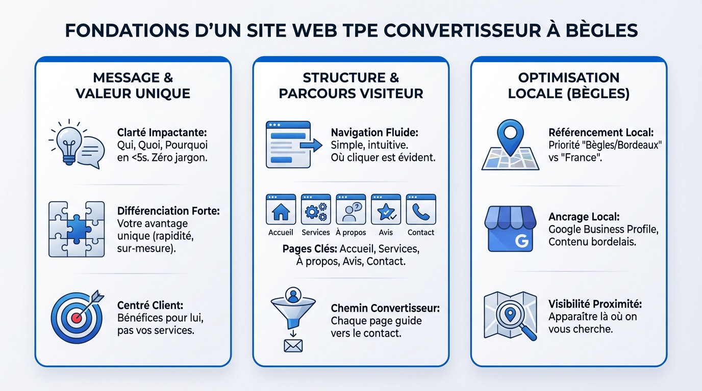 Schéma des fondations d'un site web TPE efficace à Bègles : entonnoir de conversion et structure claire