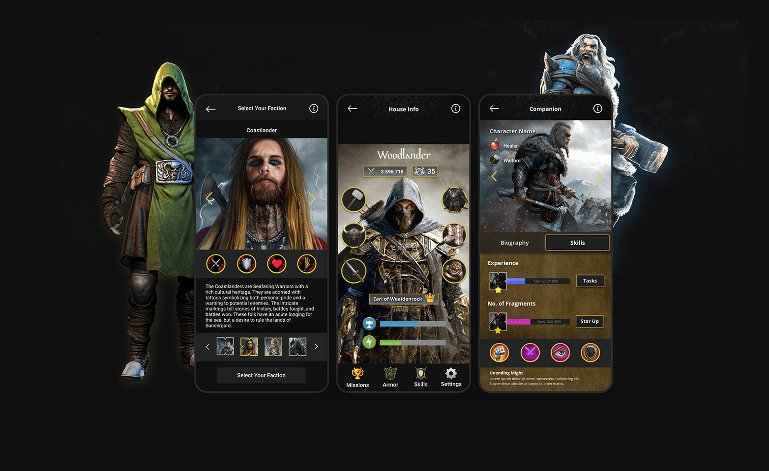 Mockups of Mobile game UI/UX design inspired by ancient warriors and strategic battle gameplay.