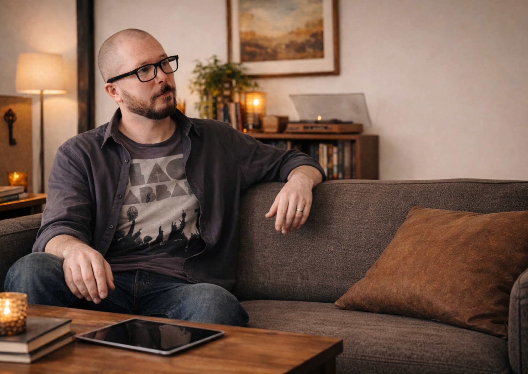 Person sitting in a modern office in front of a wall covered with notes and sketches.