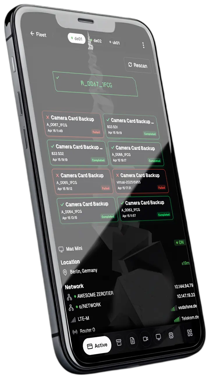 Pixel Cube mobile app showing backup tasks, network connections and system status