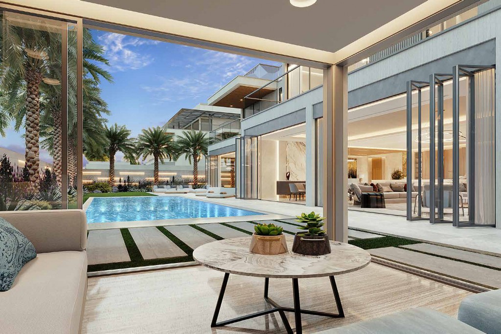 Luxury living room in South Bay featuring a stylish pool, elegant furnishings, and large windows for natural light.