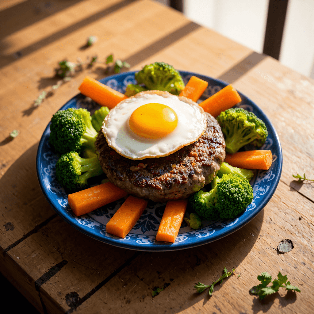 product photography of a plate of hamburger steak with a fried egg and vegetables