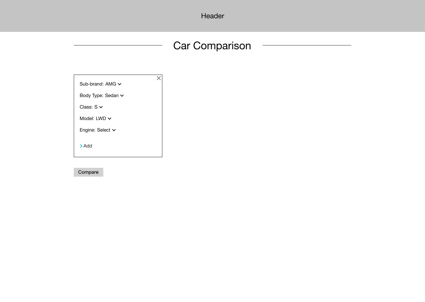 Desktop wireframe combining vehicle selection and comparison results.