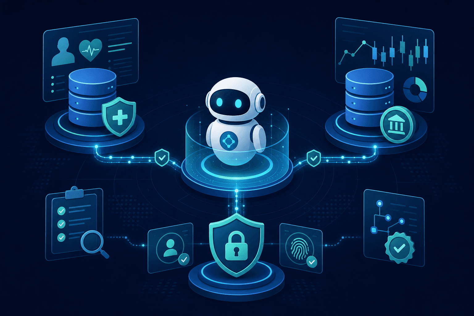 A clean, modern digital illustration of an autonomous AI agent interfacing with a network of secure enterprise systems — a healthcare database, a financial transaction layer, and an access control shield — connected by glowing data pathways on a dark navy background, conveying trust, auditability, and regulated data flow, flat vector style with teal and blue accent colors