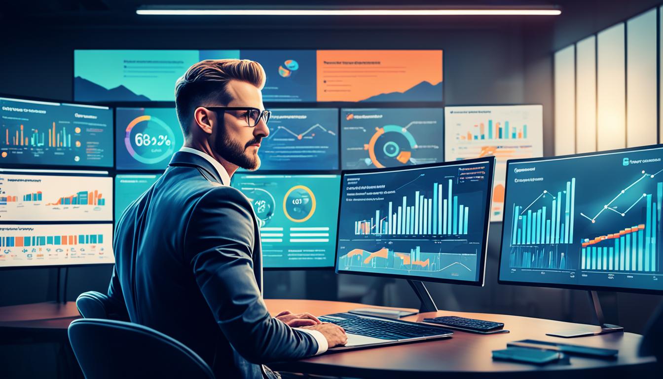 A colorful diagram depicts the various digital marketing strategies that a consultant might suggest. A person sits at a desk, with multiple computer screens displaying metrics and analytics. The consultant is shown confidently presenting their recommendations to a group of business executives, who are nodding in agreement. The image has an overall professional and dynamic vibe.