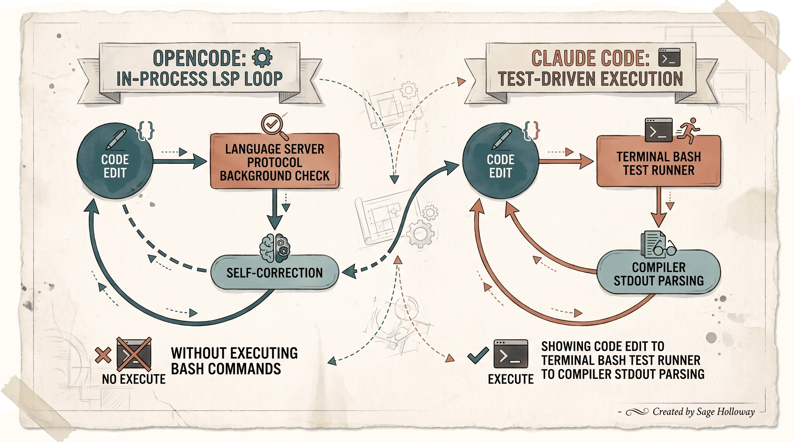 Flowchart diagram comparing OpenCode Language Server Protocol loop with Claude Code terminal execution