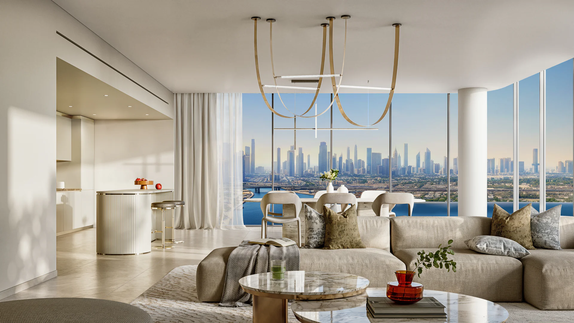 A living room with large windows showcasing a panoramic view of the city skyline.