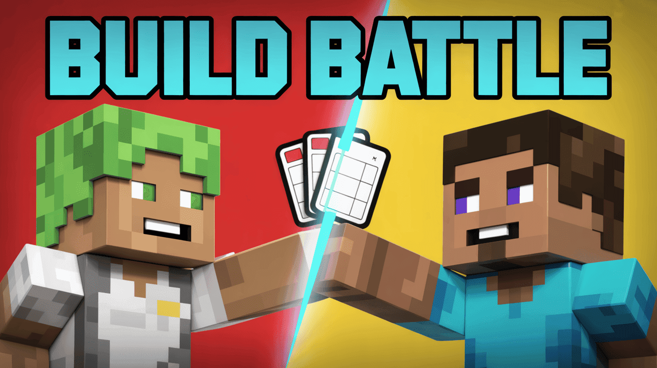 Split screen of competing Minecraft builds with judge holding score cards under BUILD BATTLE title