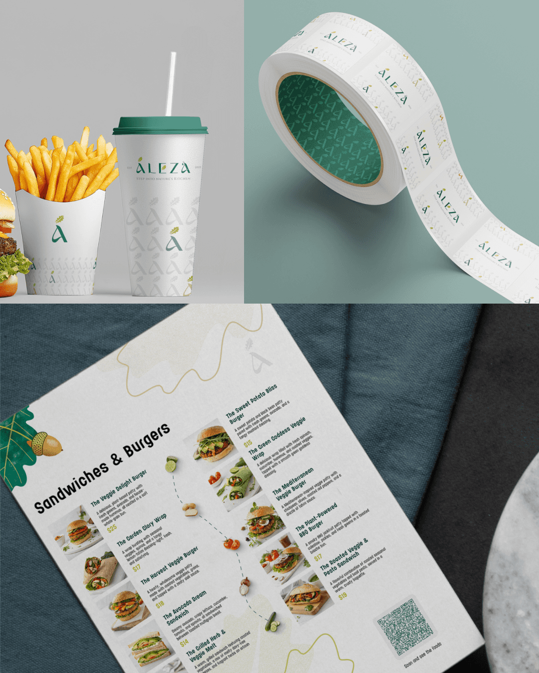 Brand identity design for restaurant — branded cups, packaging, menu, and tape