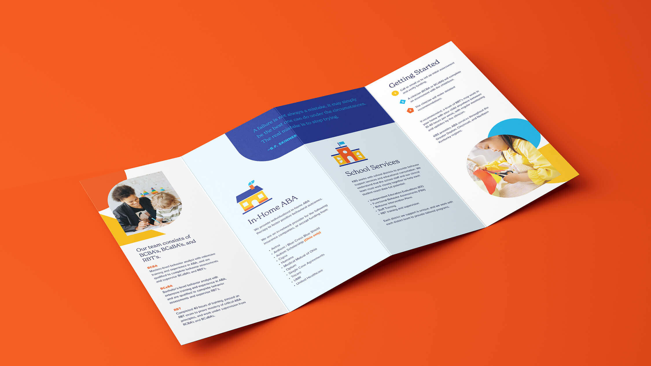 Trifold brochure promoting Applied Behavior Analysis services for children.