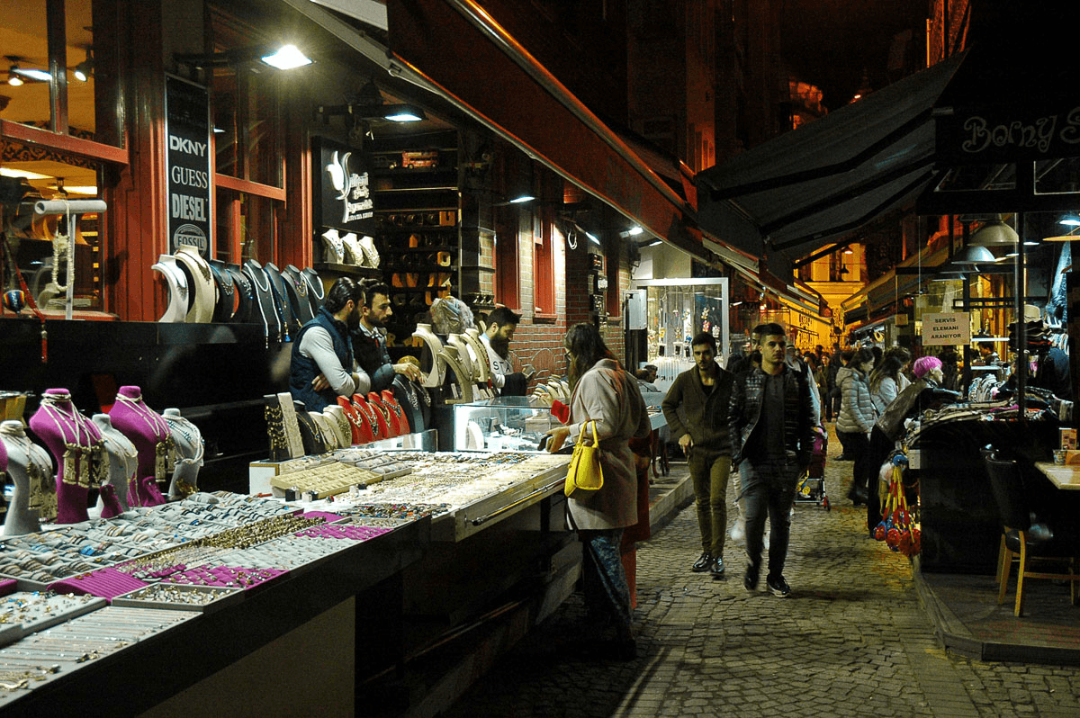 Ortakoy night street market with souvenir stalls and lights in Istanbul