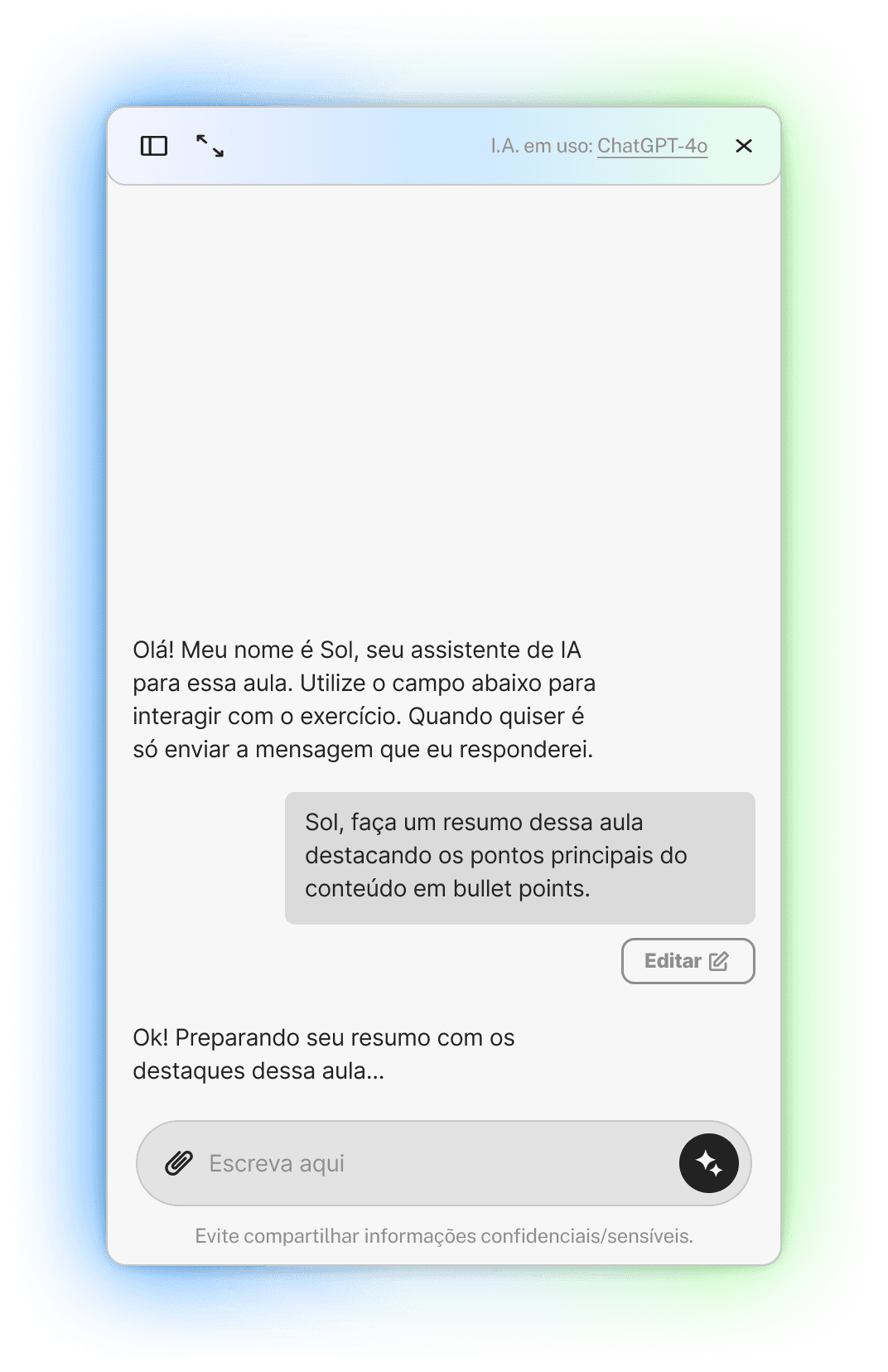 Uma captura de tela de uma conversa de bate-papo com mensagens de texto exibidas em uma interface colorida.