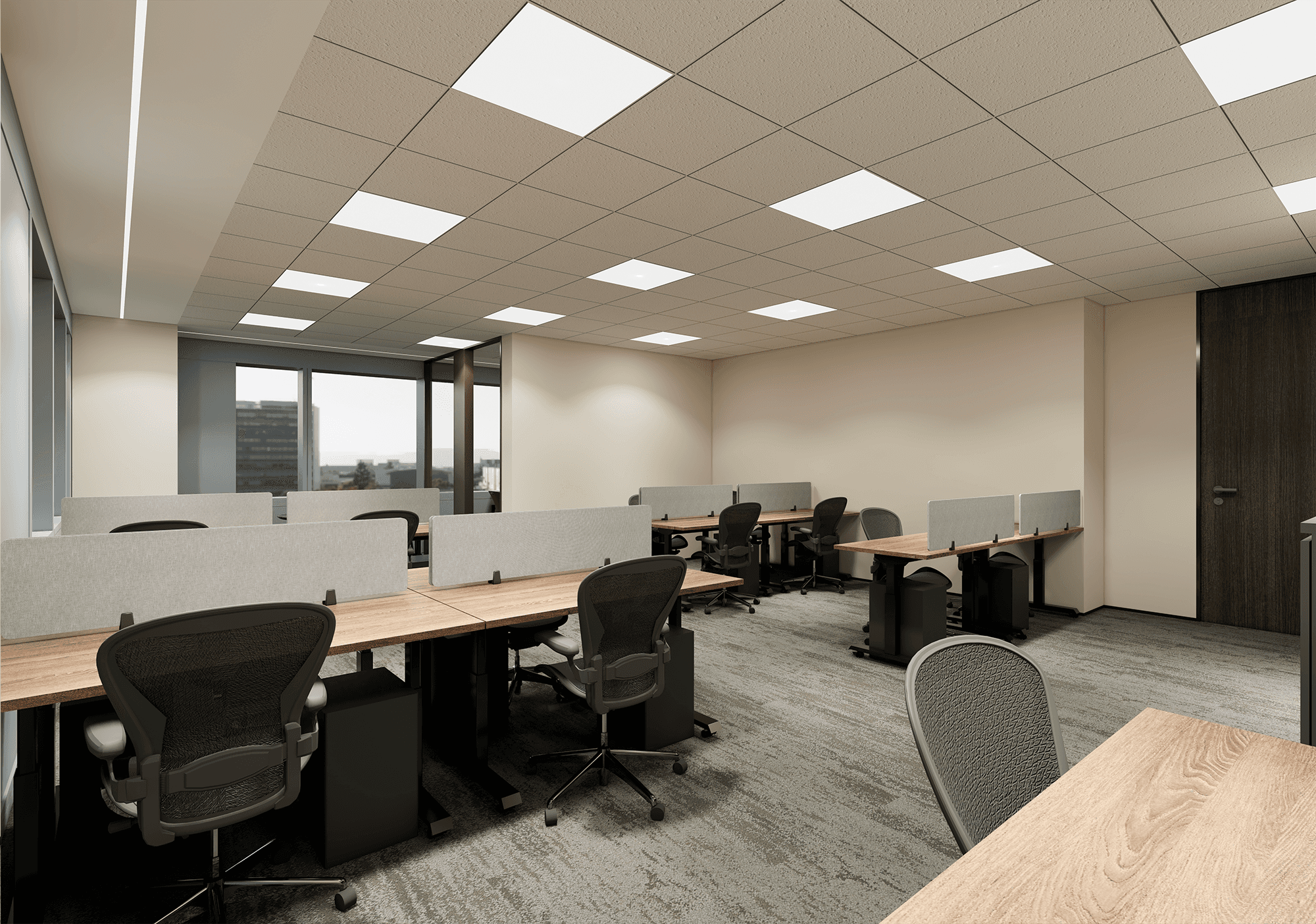 Modern TEC KSA workspace with panoramic windows, circular desks, and ambient lighting design