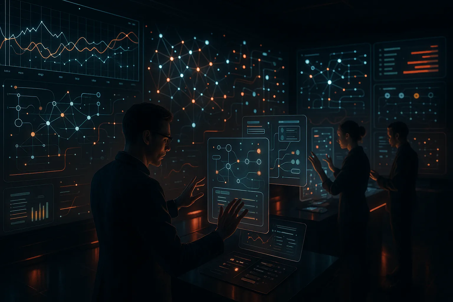 RockN' Socials Digital Marketing Agency team analyzing data on futuristic screens.