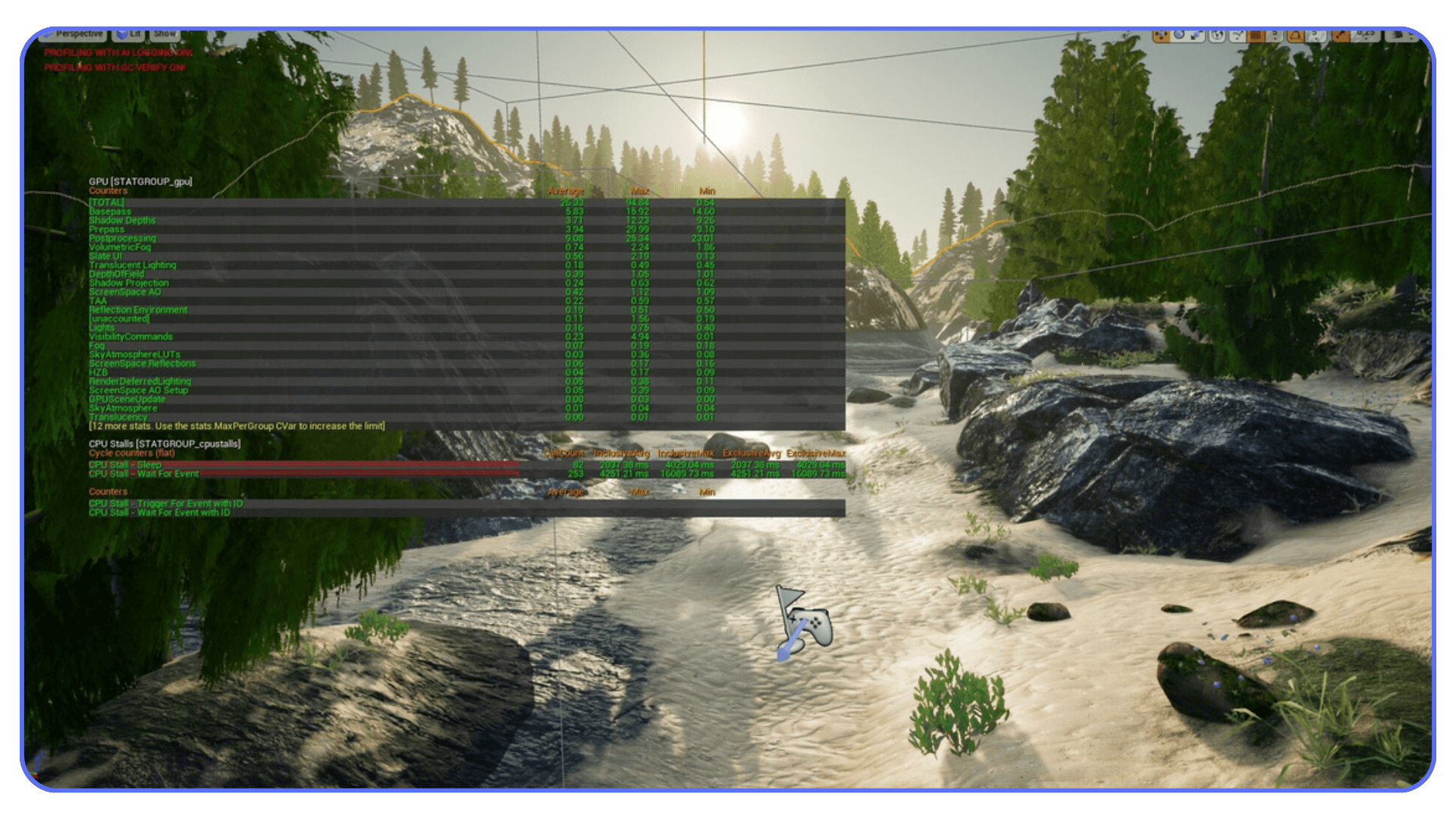 Unreal Engine GPU profiler overlay in a forest environment showing CPU stalls and GPU pass timings.
