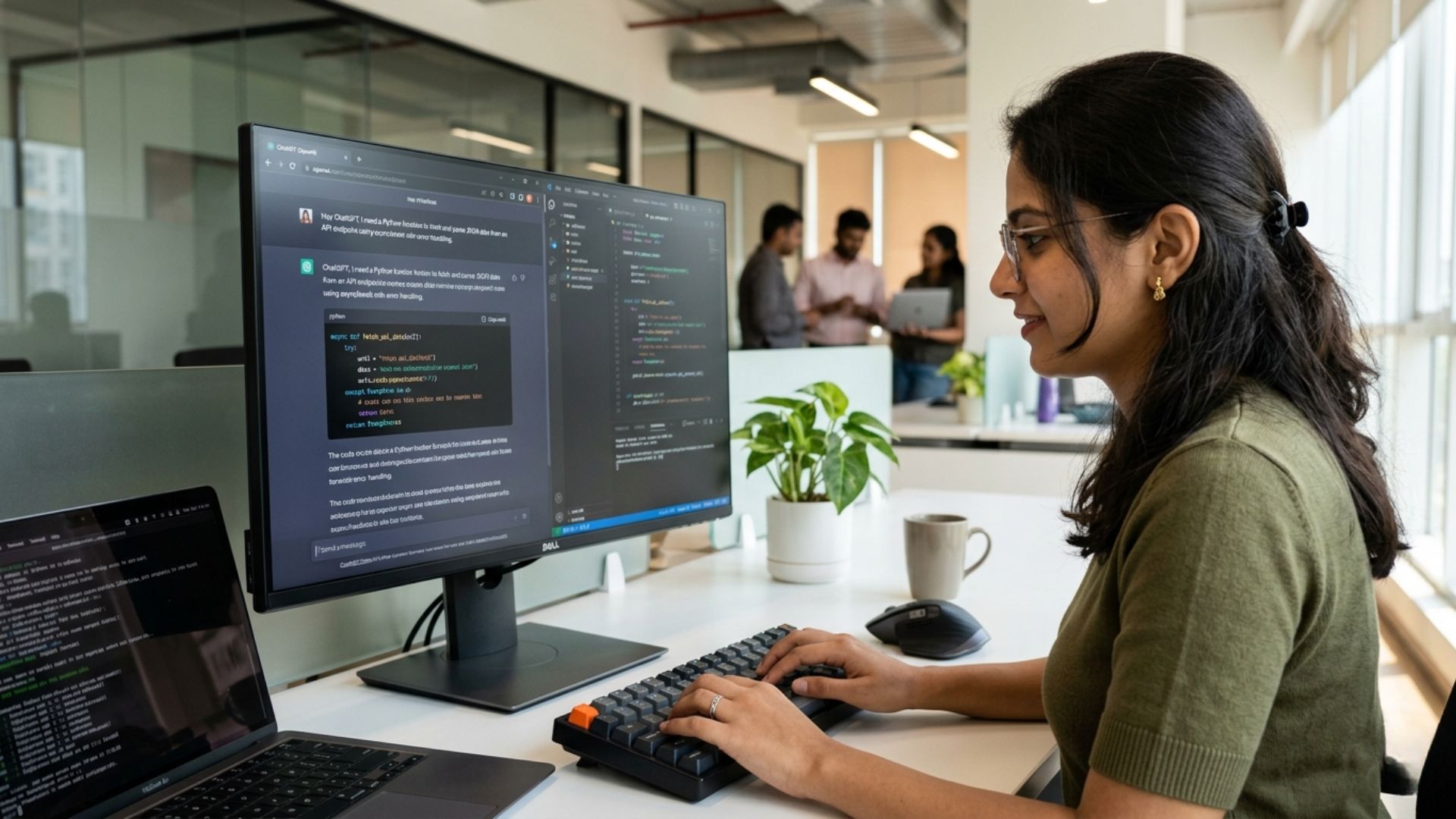 Female software engineer programming in an office as people ask will ChatGPT replace software engineers