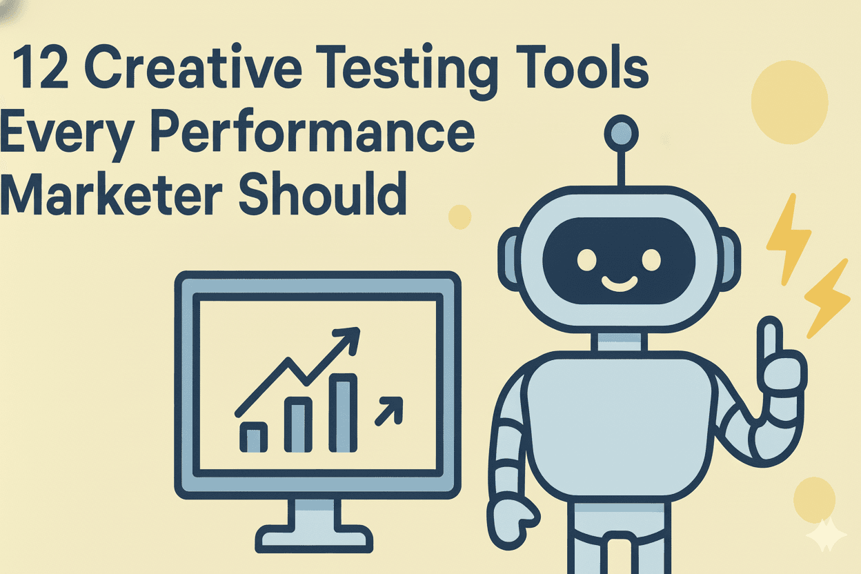 Creative testing tools concept illustration showing an AI robot, performance chart, and growth dashboard for digital marketers.