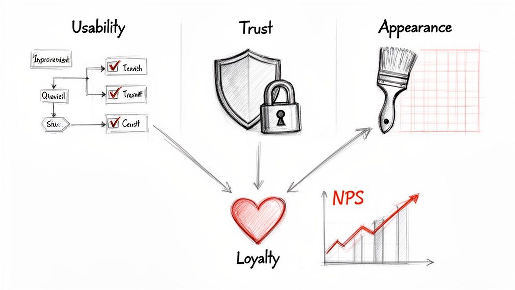 Diagram showing usability, trust, and appearance leading to customer loyalty and a rising Net Promoter Score (NPS).
