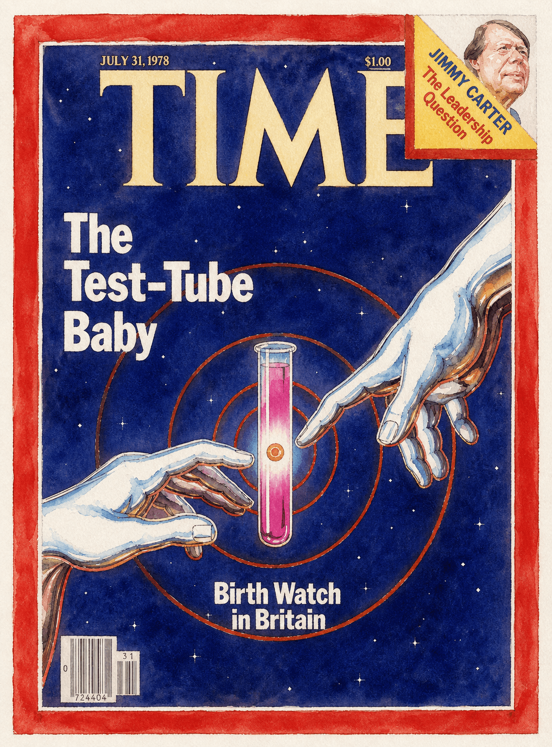 Watercolor rendering of the 1978 TIME cover about the first test-tube baby