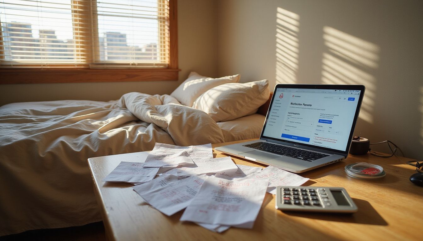 A cozy, unmade bedroom with personal items and vacation paperwork.