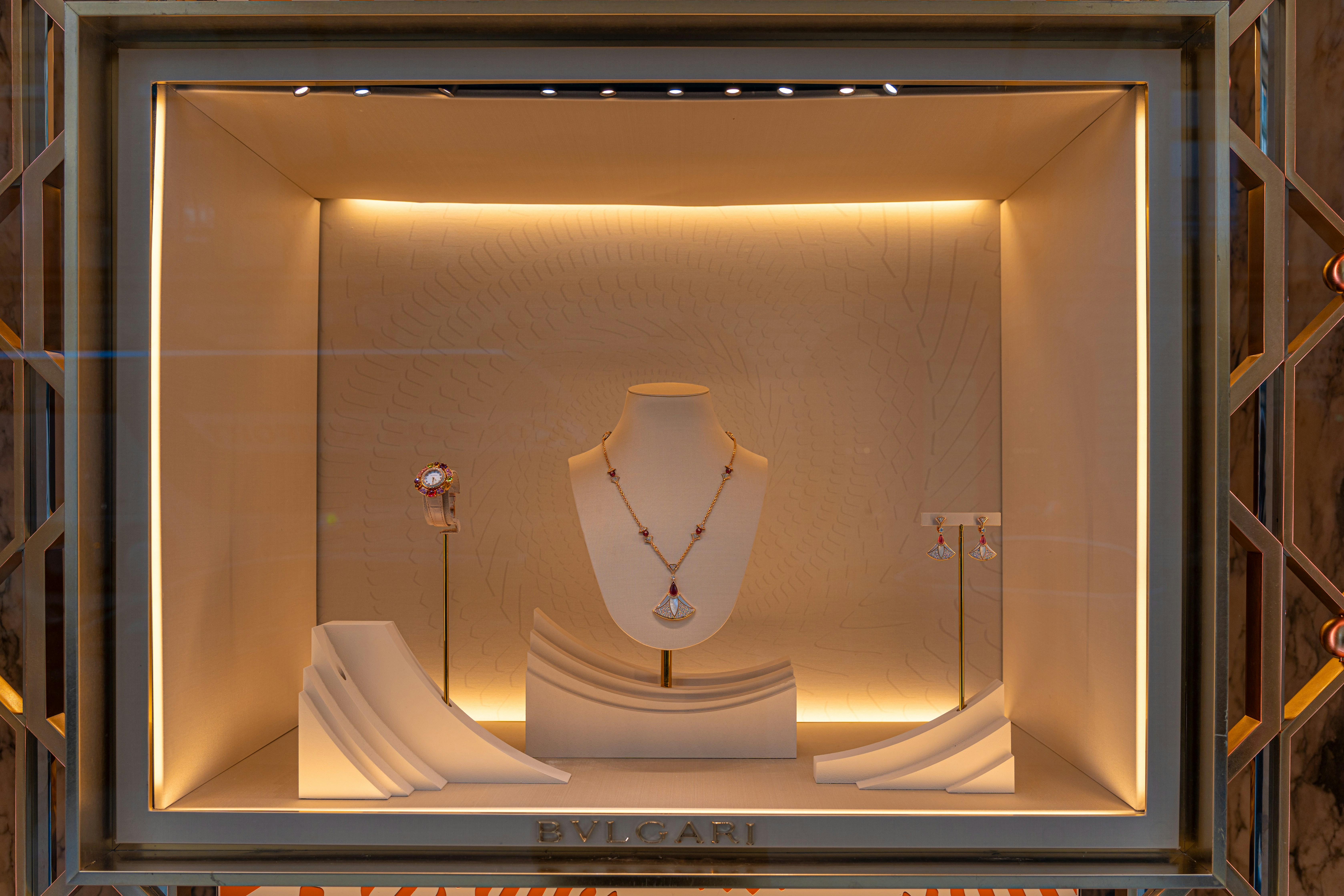 Jewelry display in a well-lit showcase