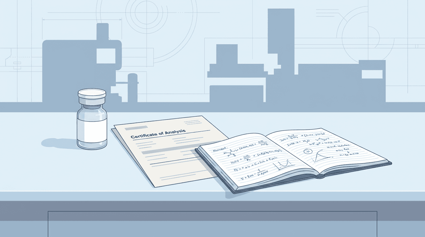 Illustration of a laboratory bench with a research peptide vial beside an open Certificate of Analysis document and molecular structure notes