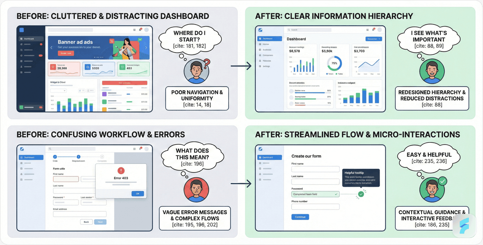 SaaS product redesign examples focusing on micro-interactions, information hierarchy, and user experience improvements to reduce distractions and confusion