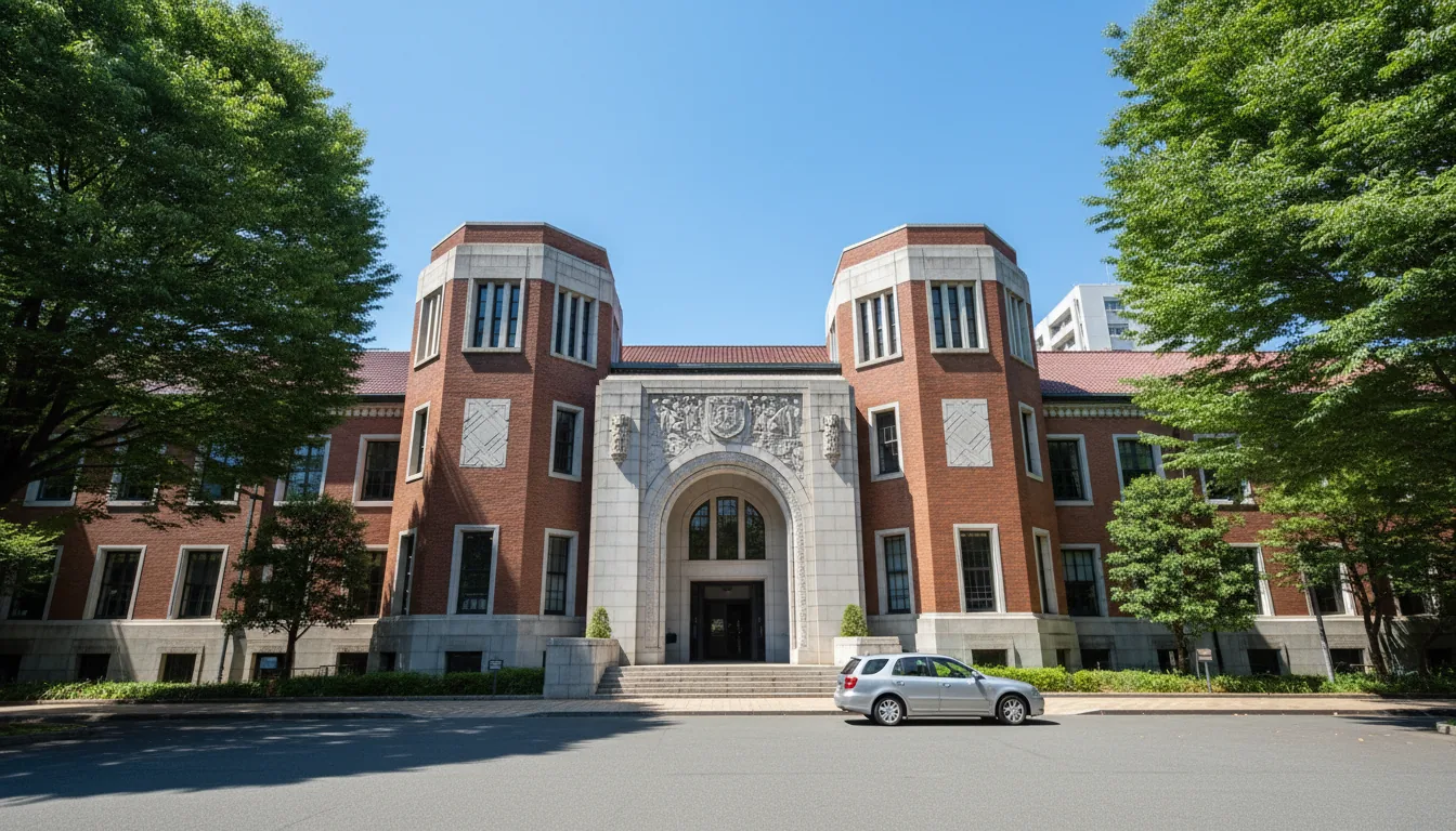 DSLR photograph of the University of Tokyo's Engineering Building, an Art Deco style university building with a brown brick facade. The scene is shot at eye-level on a bright, clear sunny day under natural daylight, casting strong, defined shadows. The building features distinctive octagonal bays and a light-colored stone arched entrance. Lush, vibrant green trees frame the composition on the left and right. A silver station wagon is parked on the paved driveway in the foreground. The sky is a solid, cloudless blue. The image has a sharp focus and high detail throughout.
