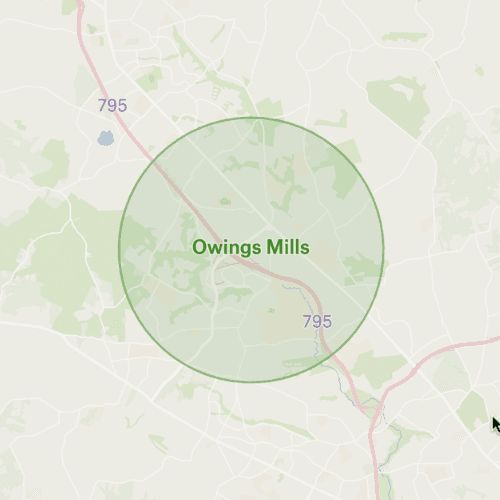 Map with circle over owings mills maryland remodeling service area