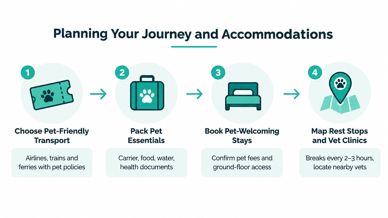 An infographic titled Planning Your Journey and Accommodations showing four steps for traveling with pets.
